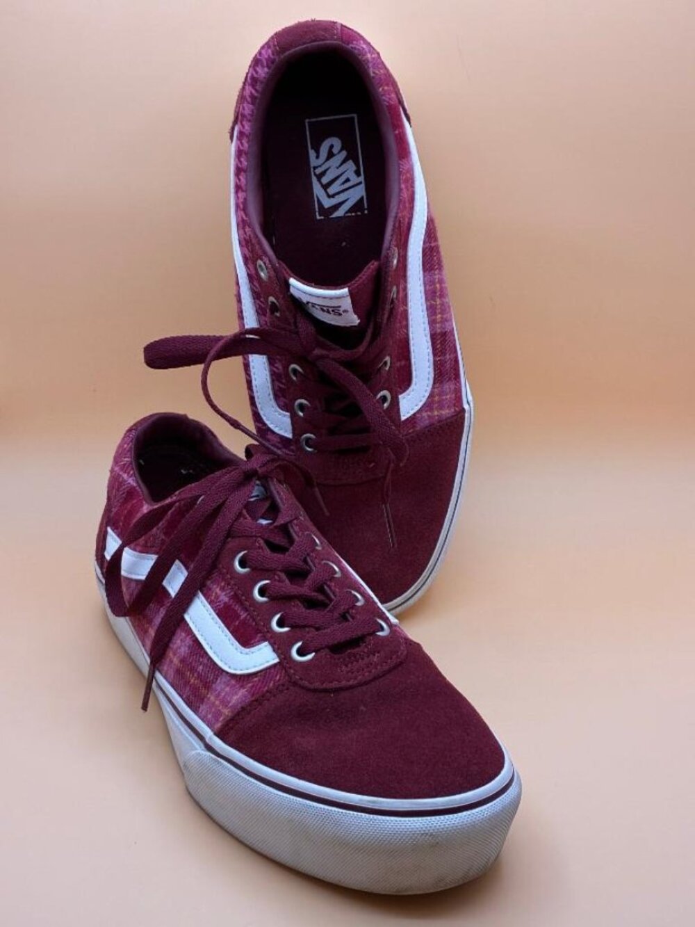VANS Ward Burgundy Suede Canvas Plaid Low Top Sneakers Womens Sz 10